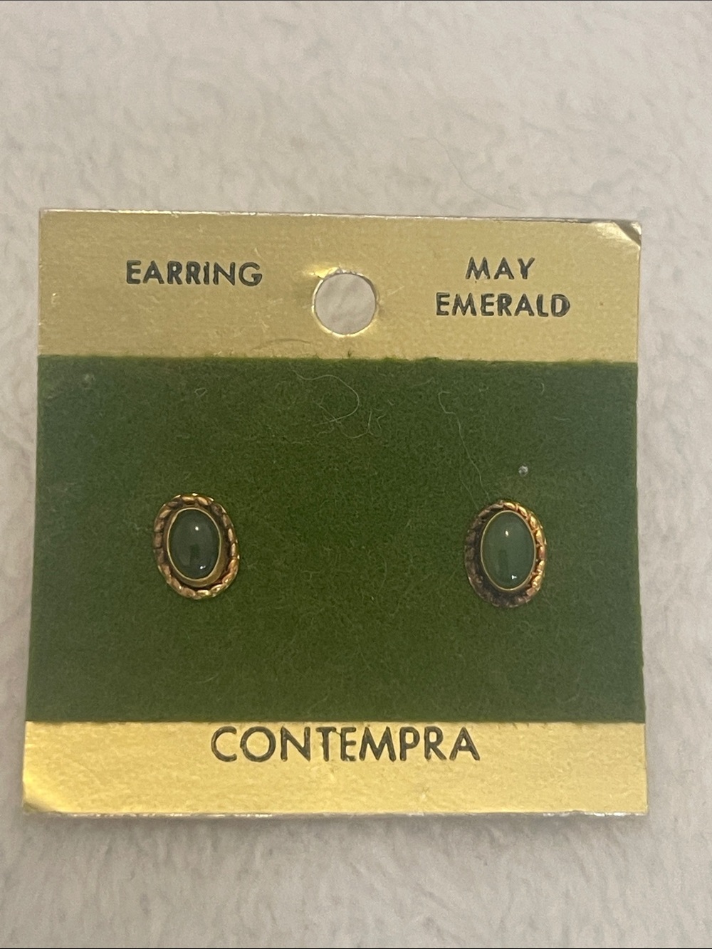 Vintage Emerald & Gold Oval Stud Earrings on original card